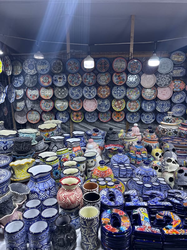 Traditional Talavera pottery display showcased in Cholula, Mexico