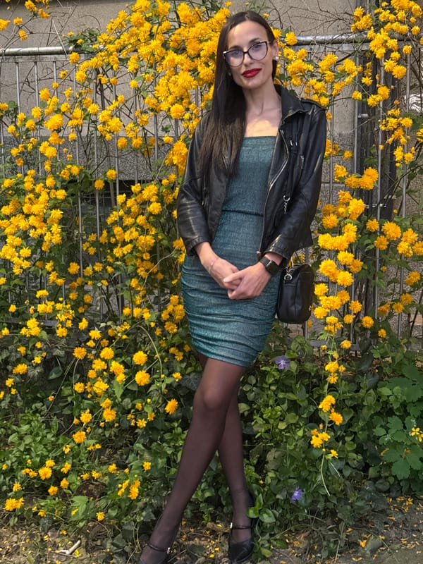 Woman photographed in multiple outfits around Pleven, Bulgaria