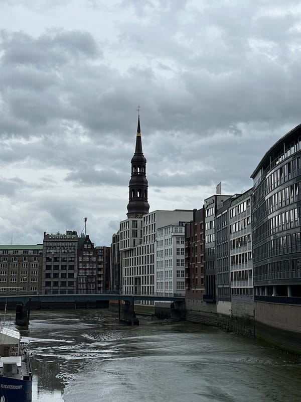 Tourist documents overcast Hamburg waterfront and Gothic architecture