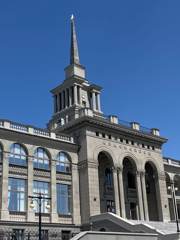 Star-topped spire building documented in Krasnoyarsk, Russia