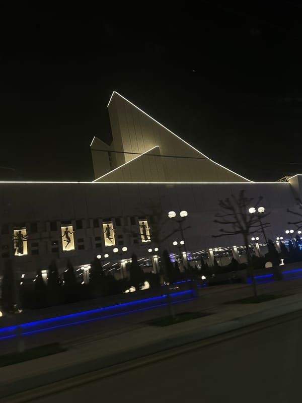 Modern illuminated building photographed at night in Rostov-on-Don