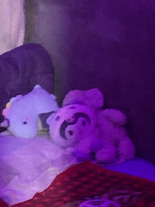 Purple-lit indoor moments with plush toys captured in Digos