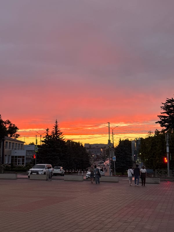 Sunset spreads across the streets of Mikhaylovsk, Russia