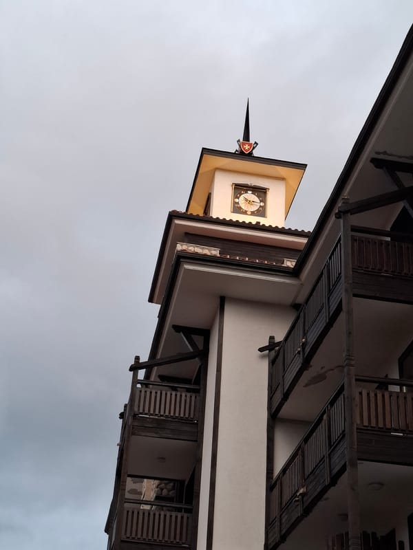 Street scenes documented in Bansko, Bulgaria including clock tower