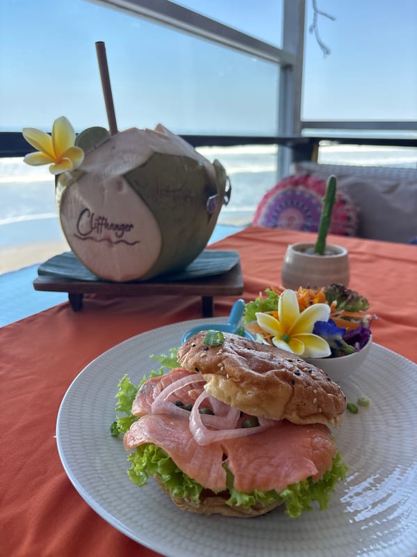 Beachfront brunch spot on Tabanan's black sand coast