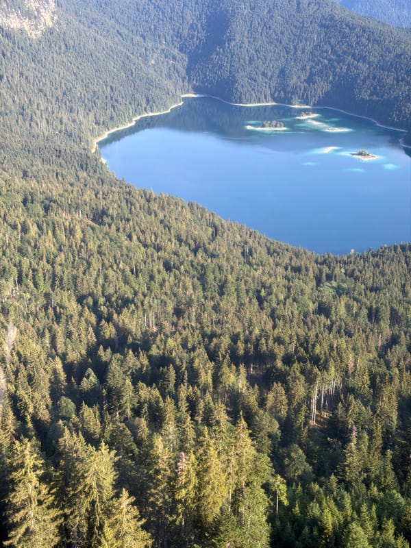 Eibsee lake and Zugspitze peaks on a clear summer morning