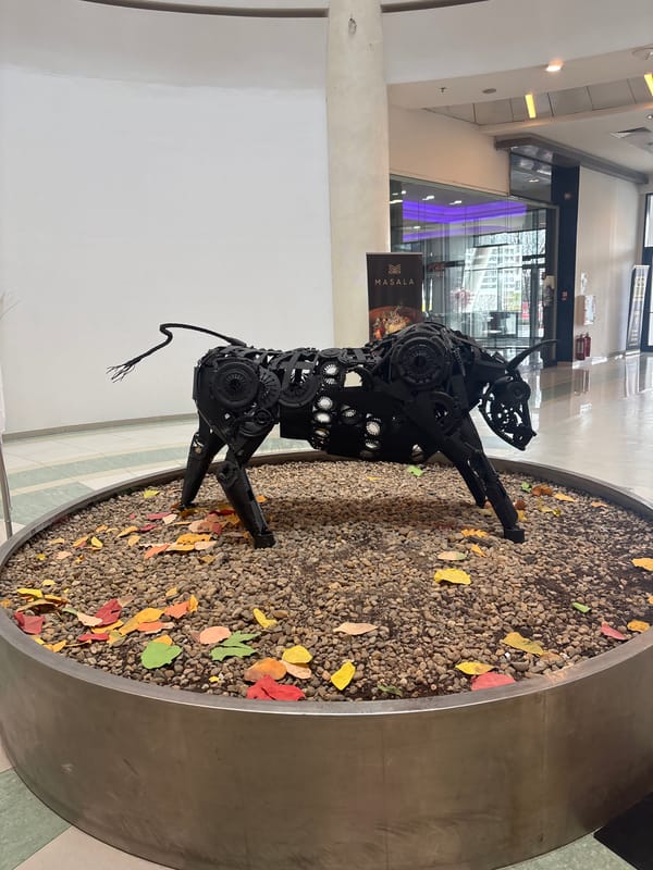 Recycled metal bull sculpture observed in Varna planter