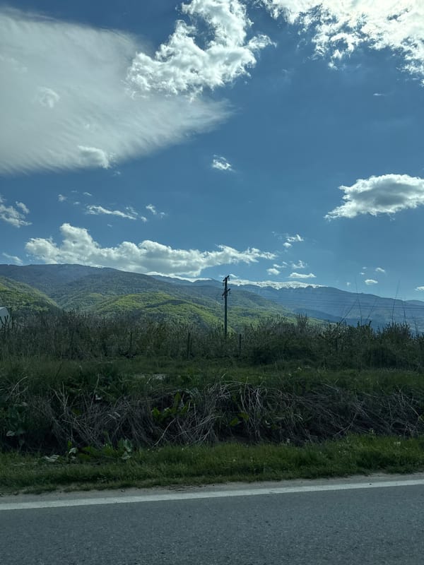 Rural landscape with road and mountains documented near Parvomai