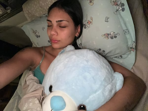 Person sleeps peacefully with teddy bear in Buenos Aires bedroom