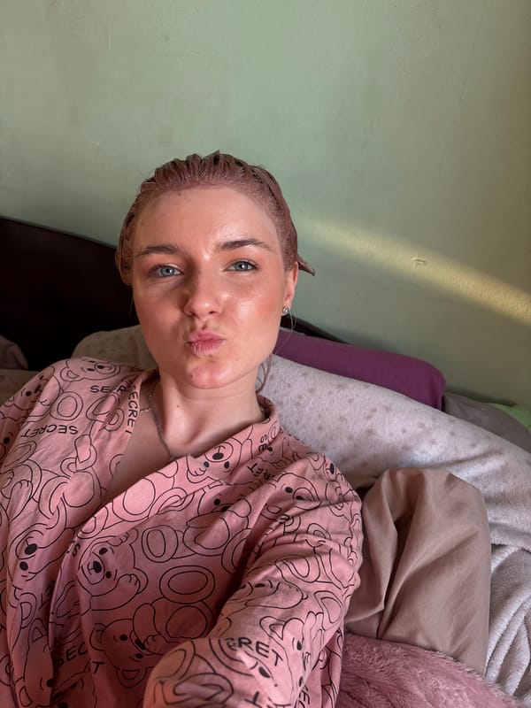 Woman documents hair treatment routine in bedroom selfies