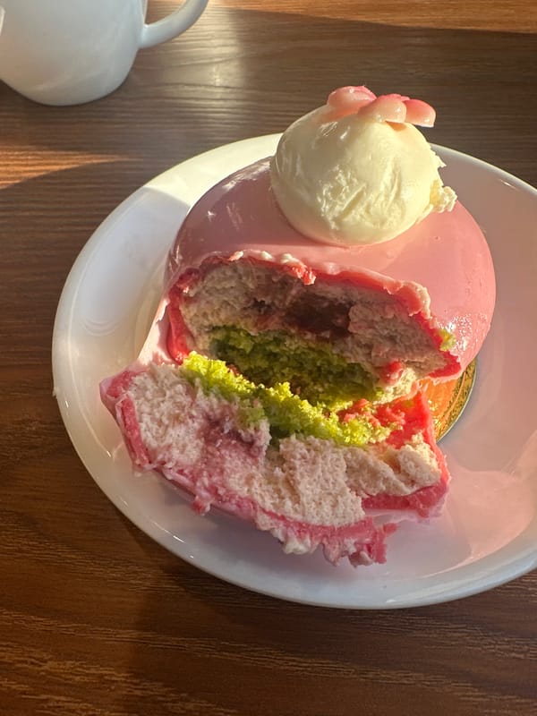 Pink dome dessert cut and served in Moscow