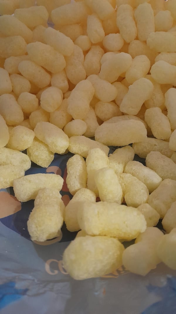 Strawberry jam, dried fish, corn puffs, and two dogs in vests