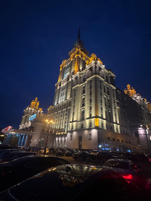 Moscow skyline at dusk: Stalin-era towers meet modern glass