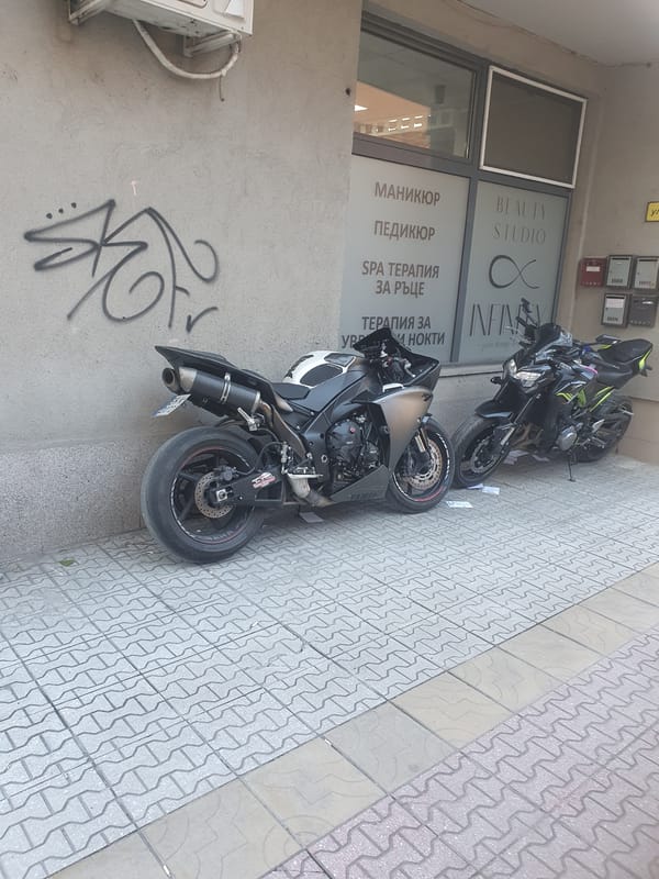 Motorcycles parked outside beauty studio in Plovdiv, Bulgaria