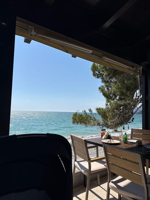 Beachfront dining experience captured in Bar, Montenegro coastal restaurant