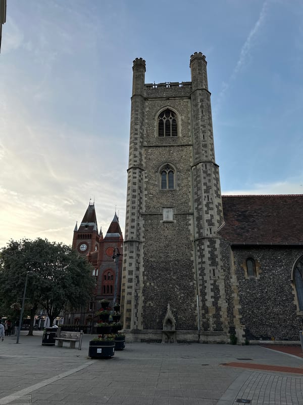 Evening stroll through historic city center with church and dining