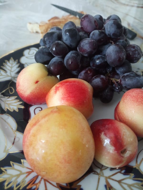 Fresh nectarines and bread on a decorative blue and gold plate