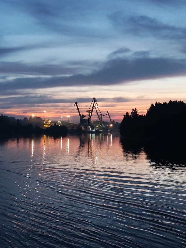 Industrial port at twilight, Aleksandrovskoe, Russia