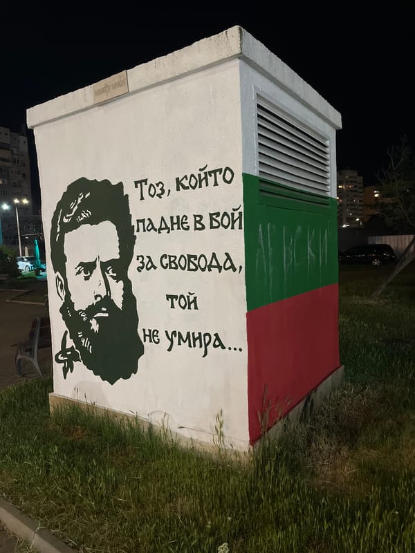 Street art portrait added to Bulgarian flag electrical box