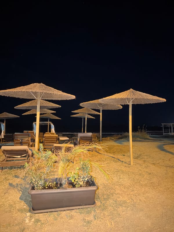 Georgioupoli beach at night, empty loungers and a cat