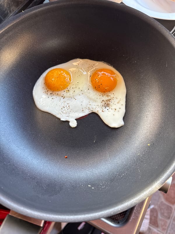 Fried eggs cooking in pan documented in Botevgrad, Bulgaria
