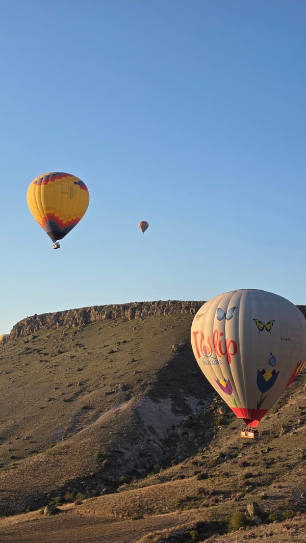 Hot air balloons soar over Ürgüp landscape at dawn