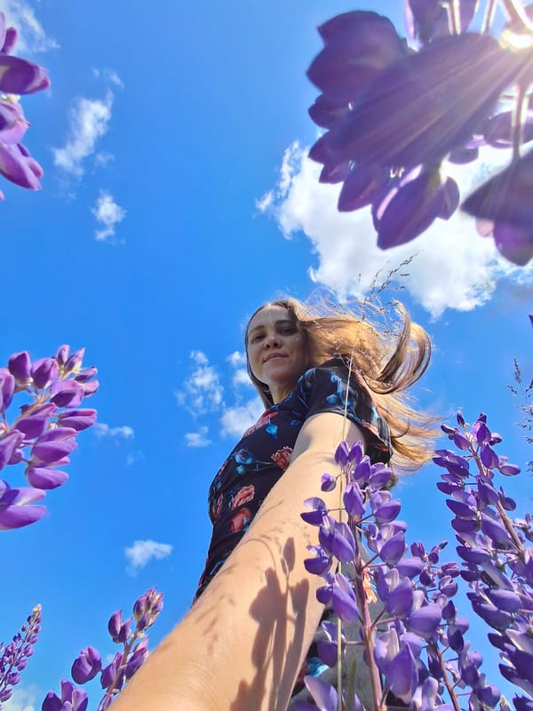 Woman photographs herself in lupine field in rural Russia