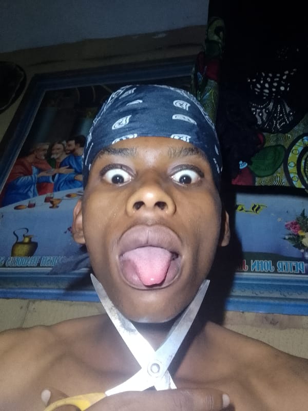 Person takes playful bandana selfies with religious artwork backdrop