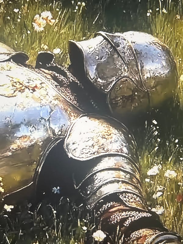 Medieval armor scenes, animated city figure, stormy skies, and windowsill cat