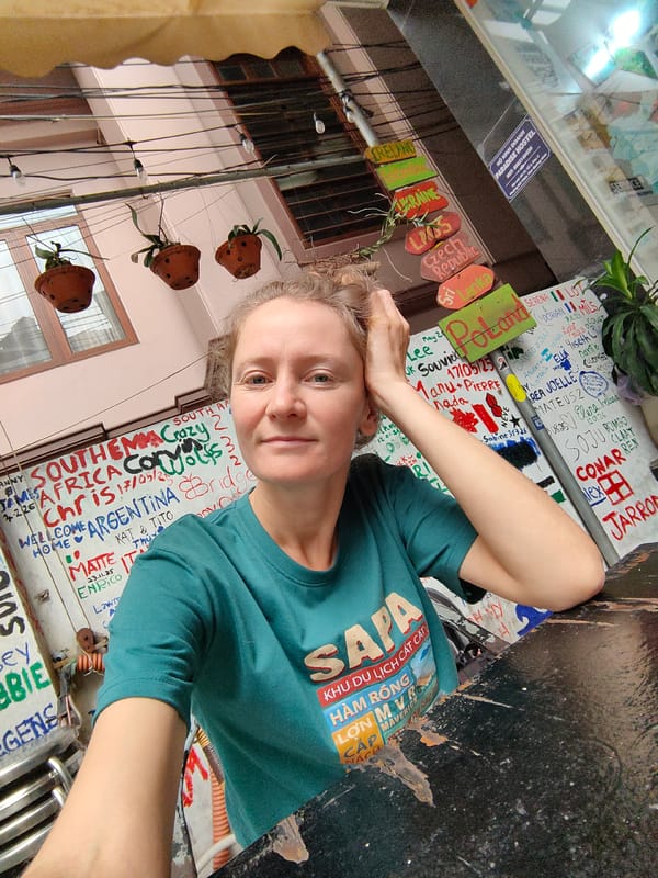 Tourist documents Vietnam visit with selfies and local cuisine