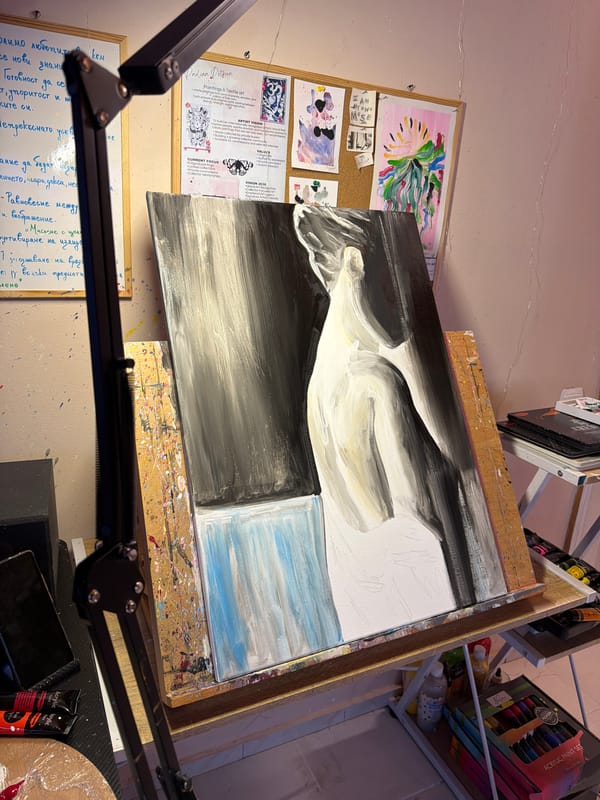 Artist at work on classical sculpture painting in Svilengrad studio