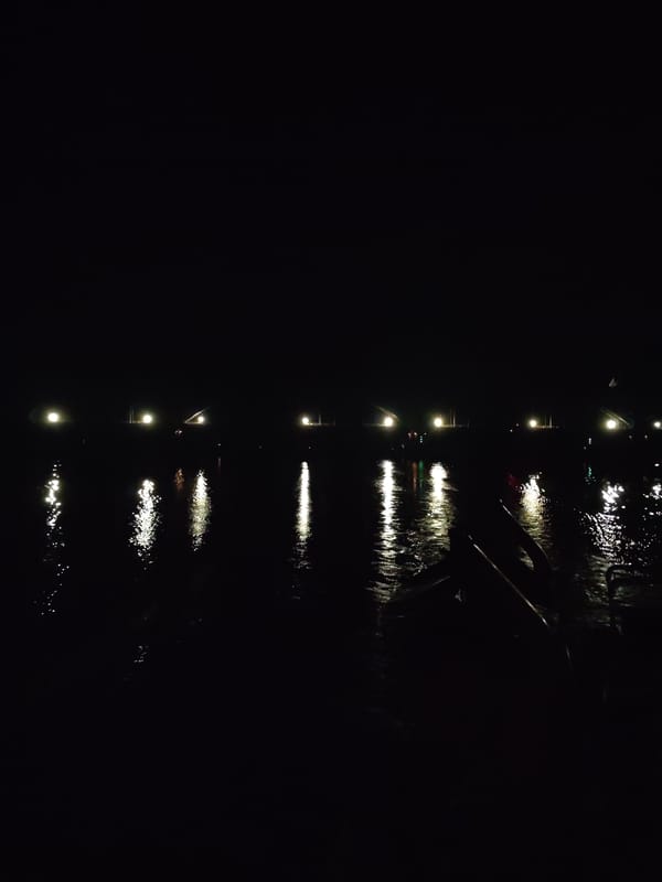 Nighttime lights photographed across water near Gladyshevo, Russia