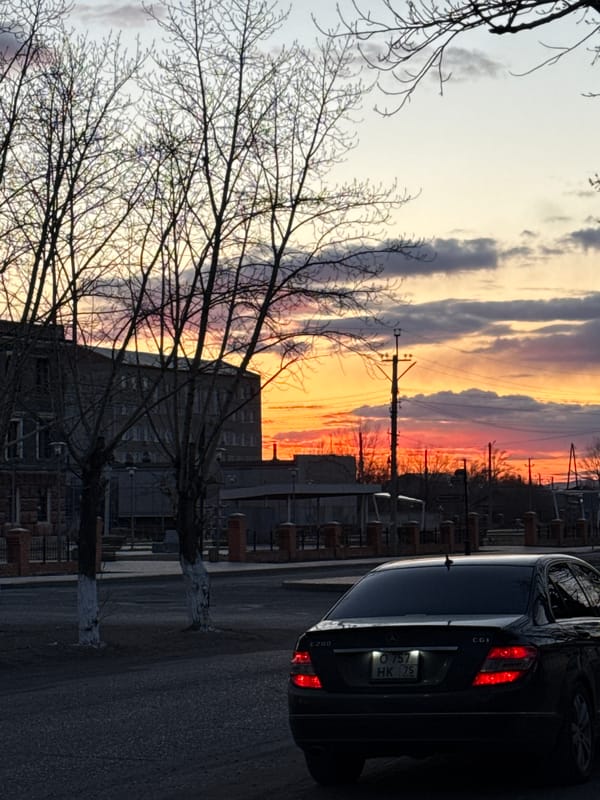 Evening scenes captured around Borzya, Russia including dog, cinema
