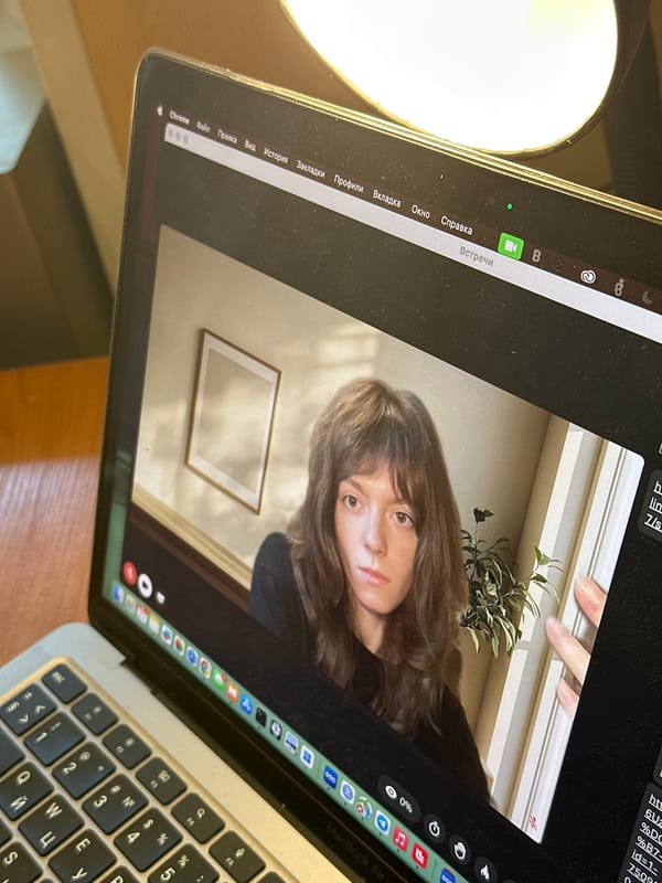 Woman conducts early morning video call in Moscow