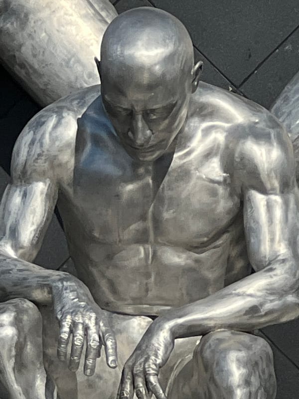 Early morning documentation of metallic sculpture park in Krasnodar