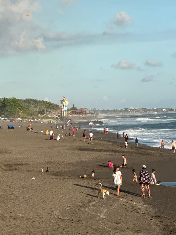 Busy beach day captured at Munggu, Indonesia