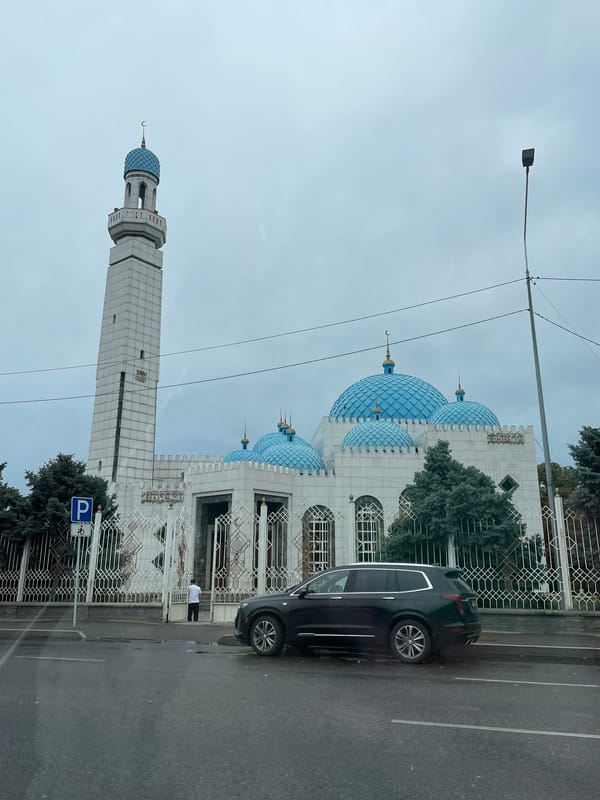 Rainy morning traffic near Nur-Astana Mosque, Almaty