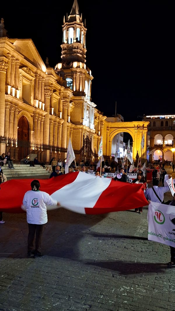 Political demonstration with riot police presence in Arequipa, Peru