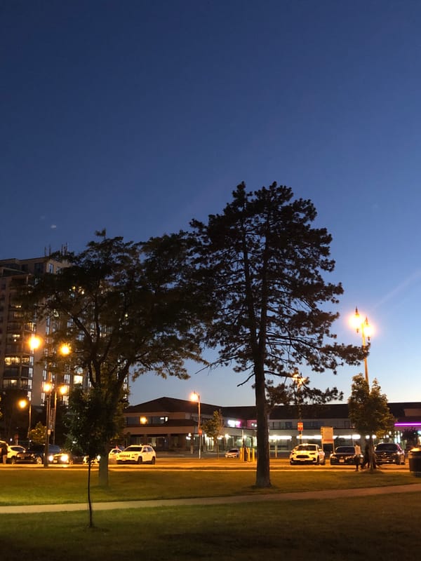 Barrie's waterfront and downtown at dusk