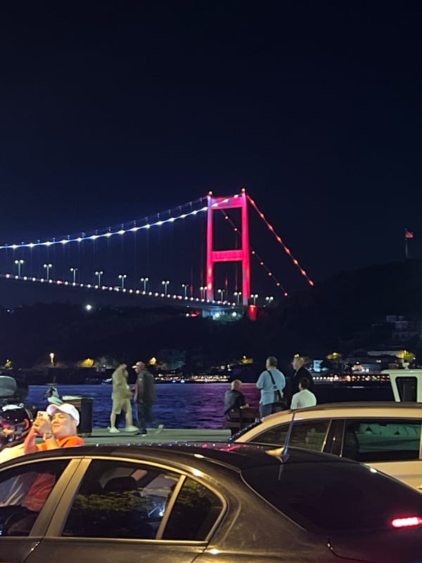 Along the Bosphorus: fortress, bridge, and open water at dusk