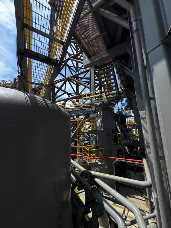 Close-up look around an offshore oil platform off Italy