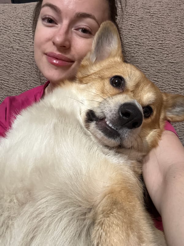 Woman poses with Corgi dog in Krasnoyarsk