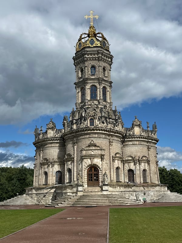 Afternoon at Dubrovitsy estate: baroque church, pond ducks, garden blooms