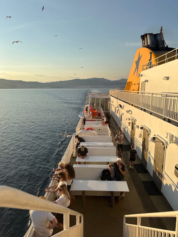 Ferry deck views at golden hour off the Kavala coast