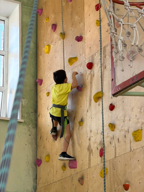 Children practice indoor rock climbing at Izhevsk gymnasium
