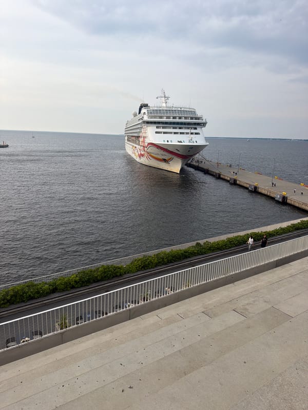 Two cruise ships docked at Tallinn's waterfront on a grey afternoon