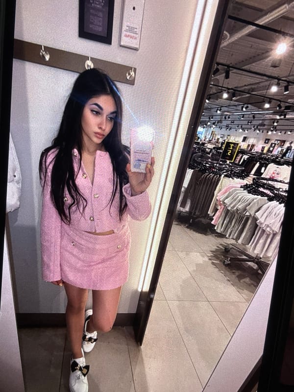 Woman photographed in multiple outfits and locations within minutes