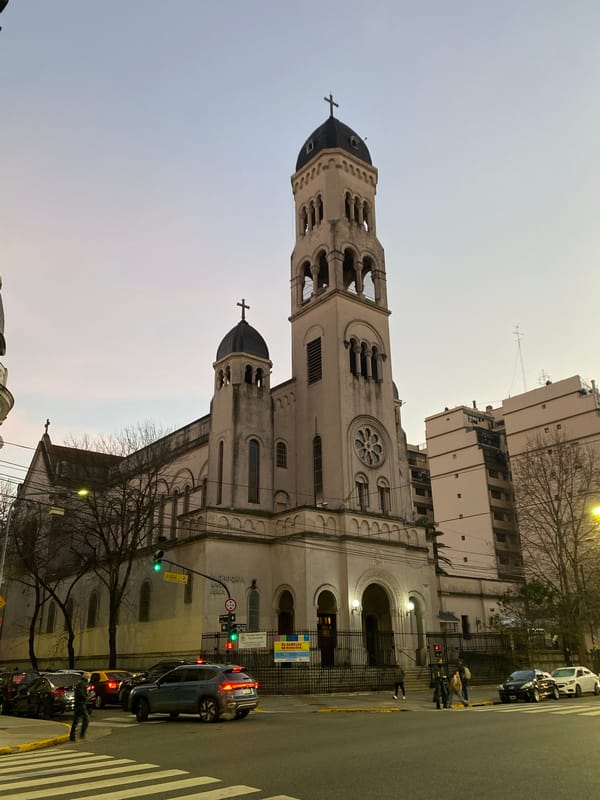 Ornate Buenos Aires church exterior at dusk