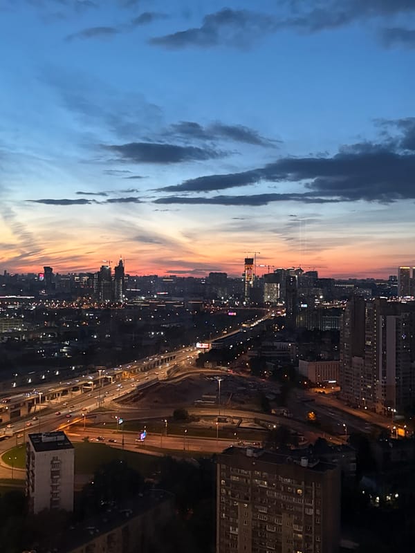 Khimki skyline at dusk, golden hour to nightfall