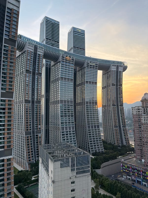 Raffles City Chongqing at golden hour, inside and out